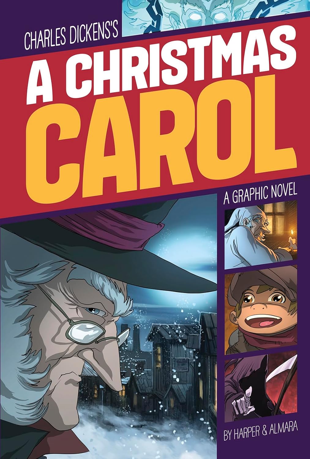 Cover of "a Christmas Carol" graphic novel for KS2, featuring illustrations of key scenes and characters.
