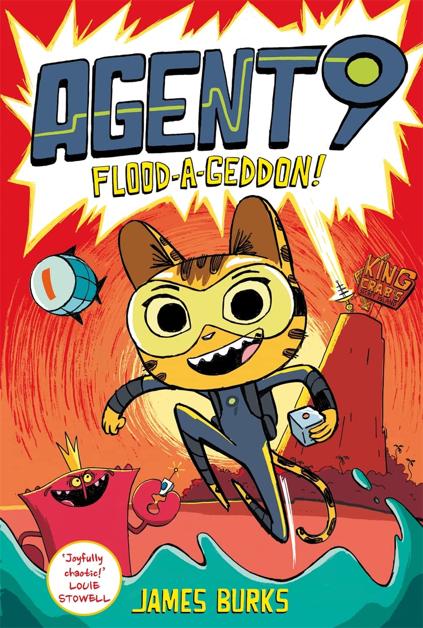 Illustration of an anthropomorphic cat spy, titled "Agent 9: Flood-a-Geddon!" by James Burks, featuring colorful action-packed graphic novel cover art for KS2.