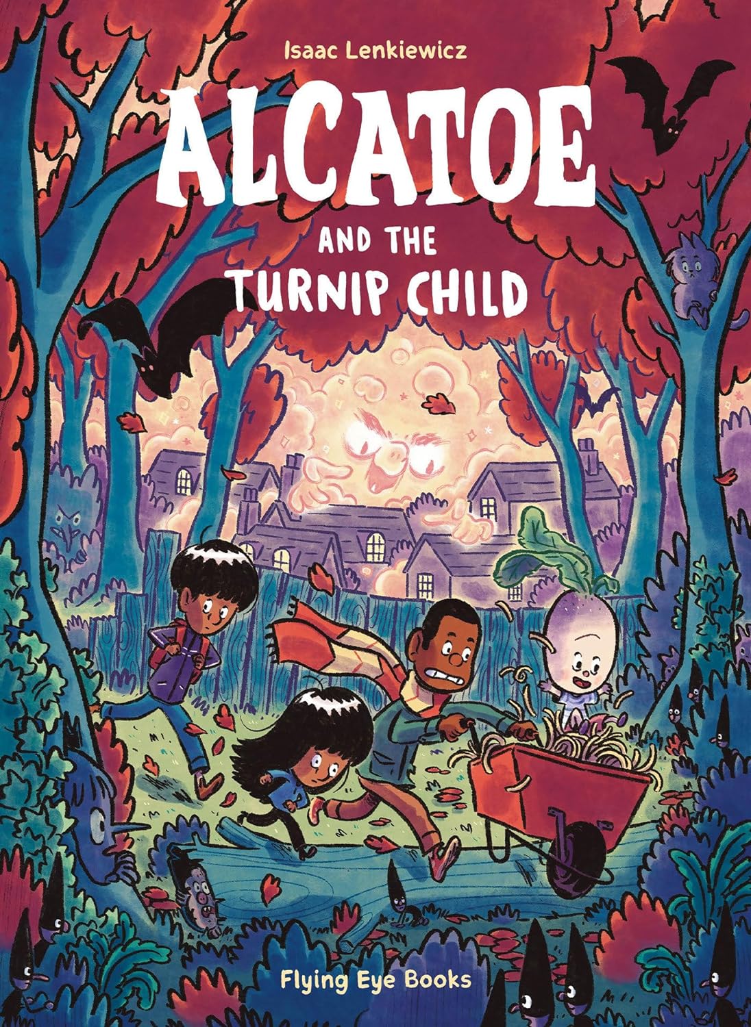 Illustrated book cover for "Lenktiewicz and the Turnip Child" by Isaac Lenkiewicz, featuring children and a ghost-like figure embarking on an adventure in a whimsical KS