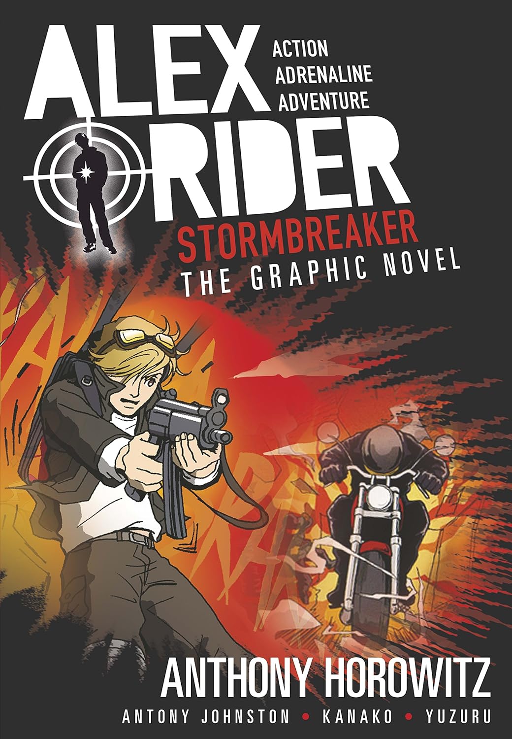 Cover art for the graphic novel "Alex Rider: Stormbreaker," featuring the protagonist in an action pose with an explosion in the background, perfect for KS2 readers.