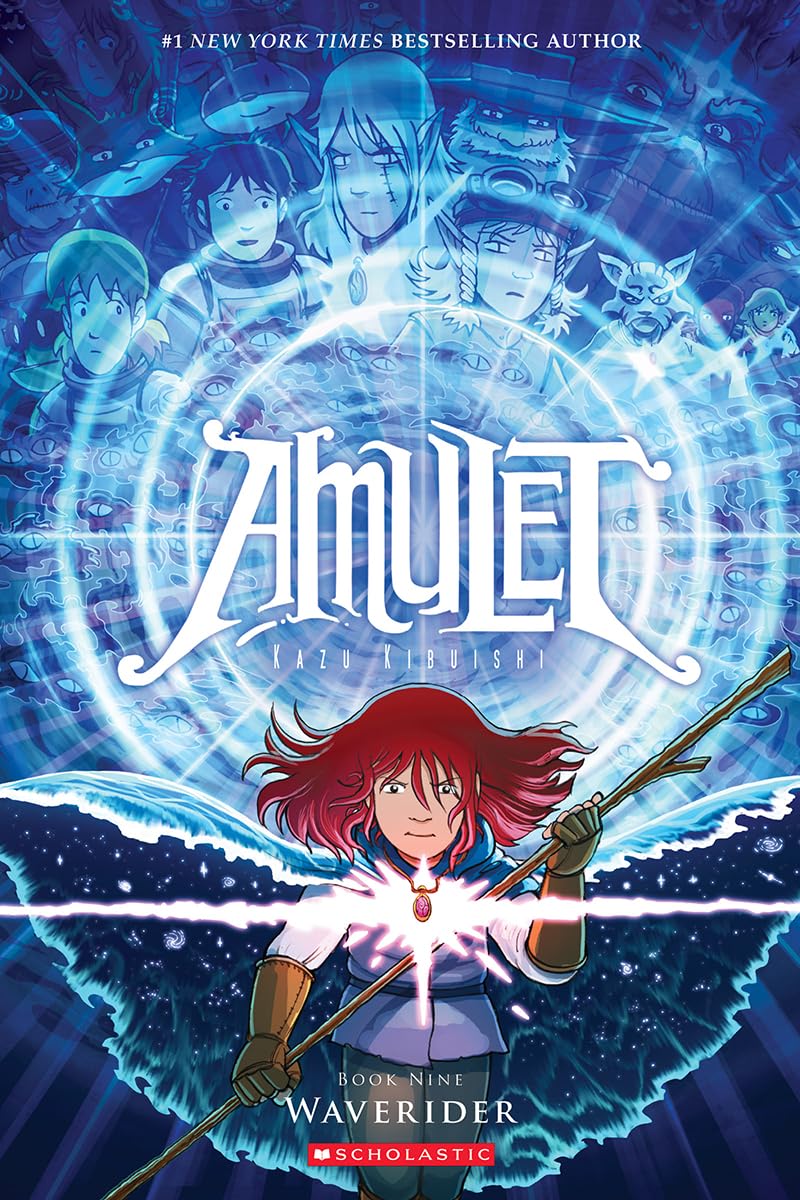 Cover art for 'Amulet: Book Nine - Waverider,' a graphic novel by Kazu Kibuishi featuring a central character with a staff surrounded by fantastical creatures and allies, perfect for