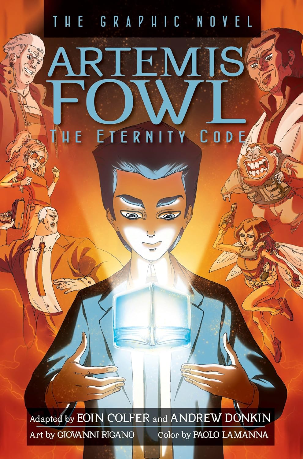 Cover art of the KS2 graphic novel "Artemis Fowl: The Eternity Code" featuring a stylized illustration of the protagonist surrounded by other characters.