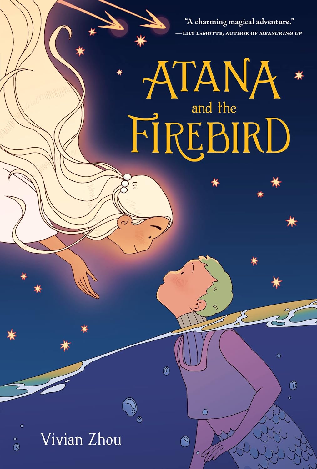 Book cover illustration of "Atana and the Firebird" showing a stylized girl gazing up at a majestic, glowing bird against a starry night sky, perfect for KS2 readers interested in
