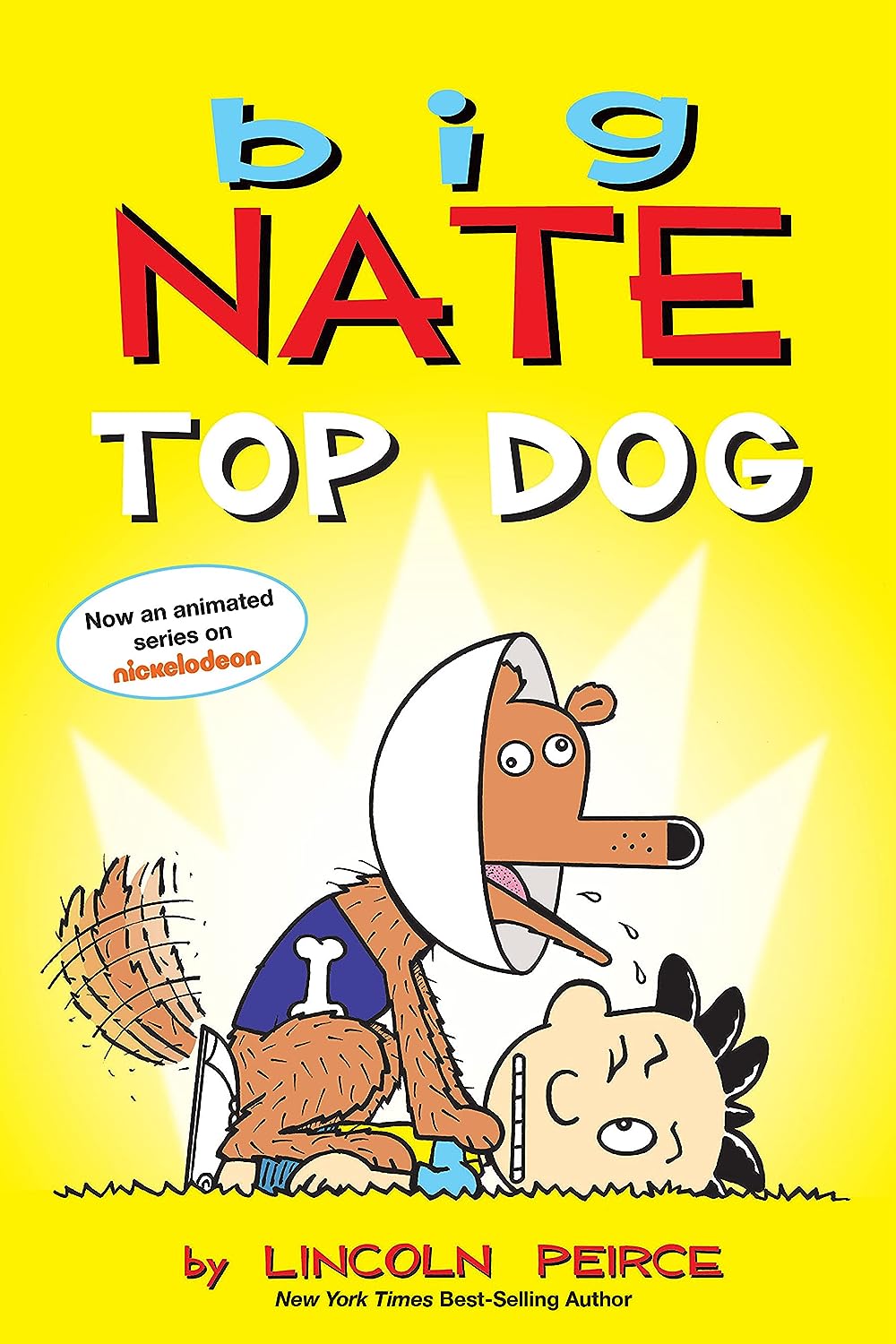 Cover of the "Big Nate: Top Dog" graphic novel by Lincoln Peirce, featuring the character Nate with a dog wearing a cape.