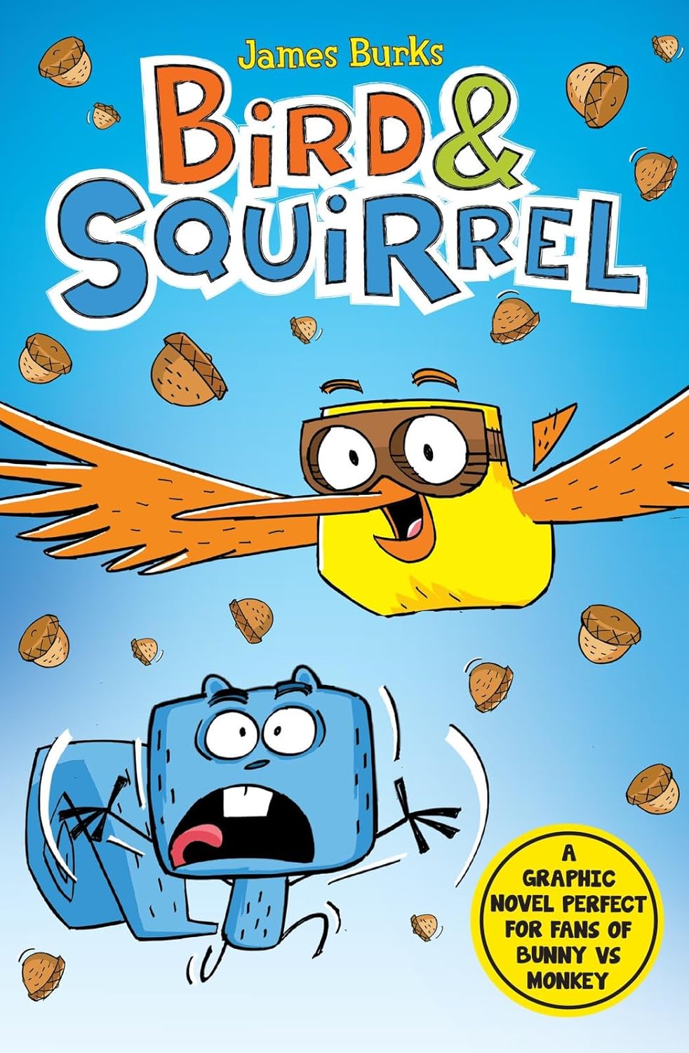 Illustrated cover of the graphic novel "bird & squirrel" by James Burks, featuring a cartoon bird and squirrel with acorns flying around them, suitable for KS2 readers.