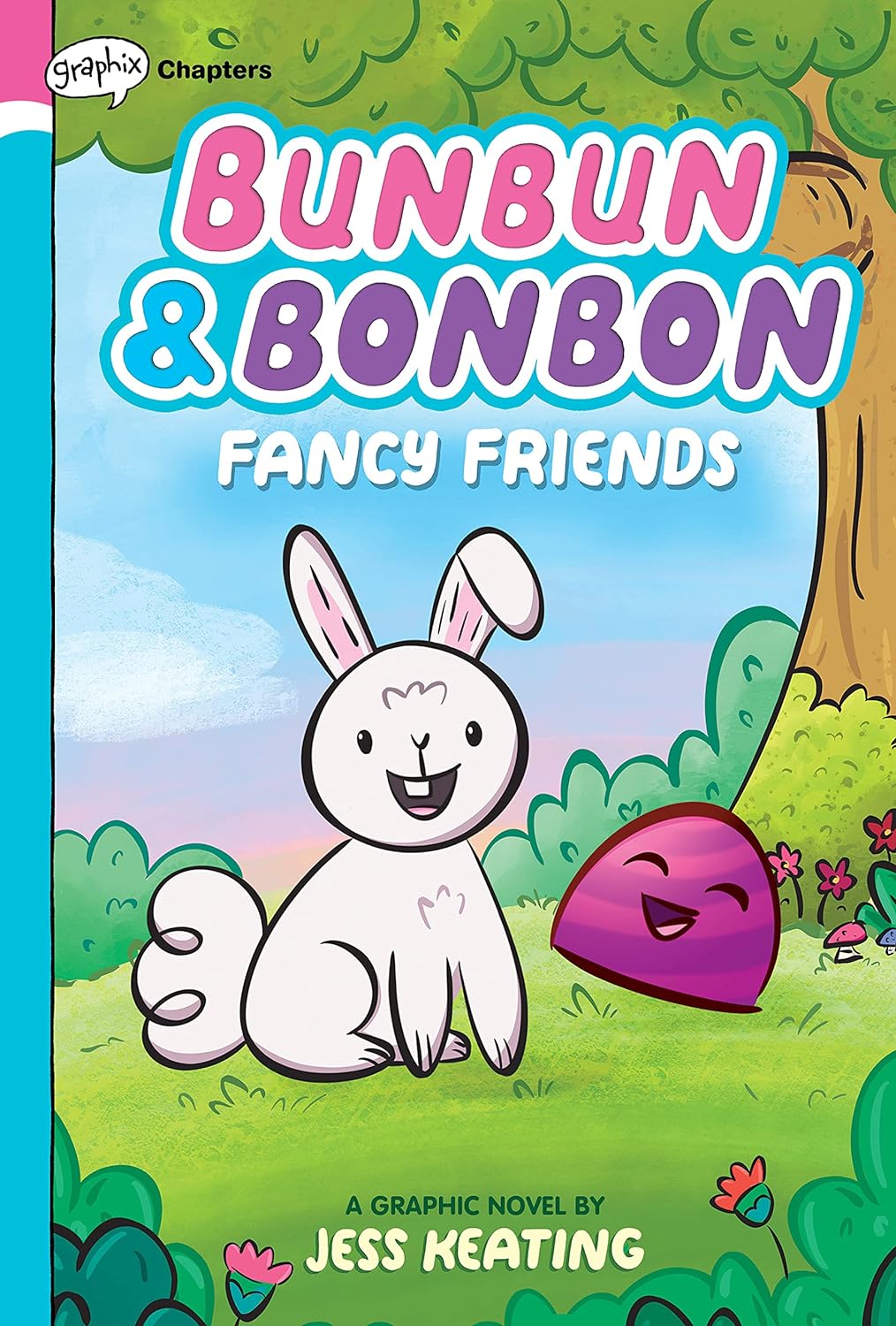 Cover of "Bunbun & Bonbon: Fancy Friends," a graphic novel featuring an illustrated rabbit and a purple candy-like character in a whimsical forest setting, perfect for KS1 readers.
