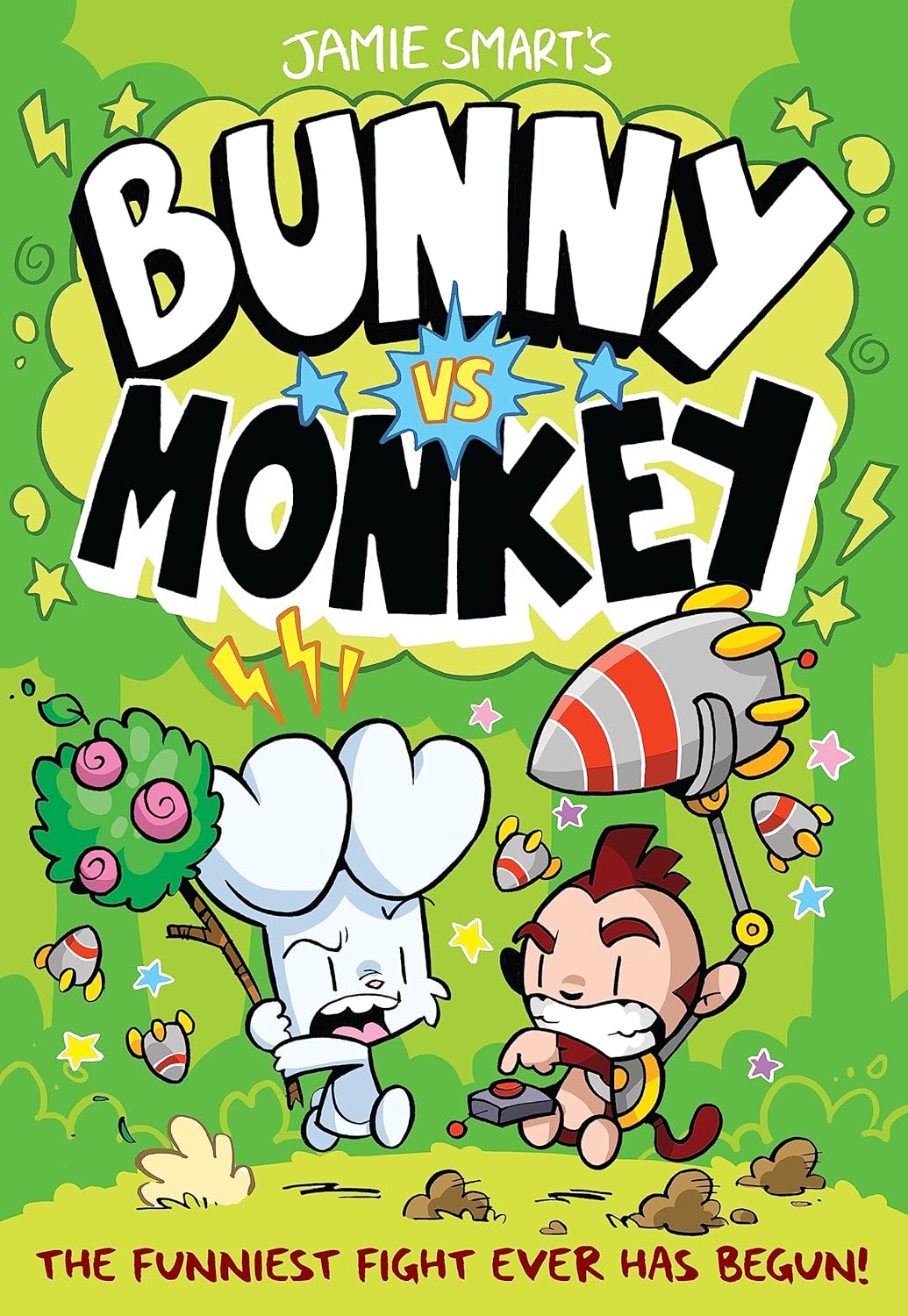 A colorful graphic novel cover illustration for "Jamie Smart's Bunny vs Monkey," depicting a cartoon bunny and monkey in a humorous confrontation, with the tagline "the funniest fight ever has begun!