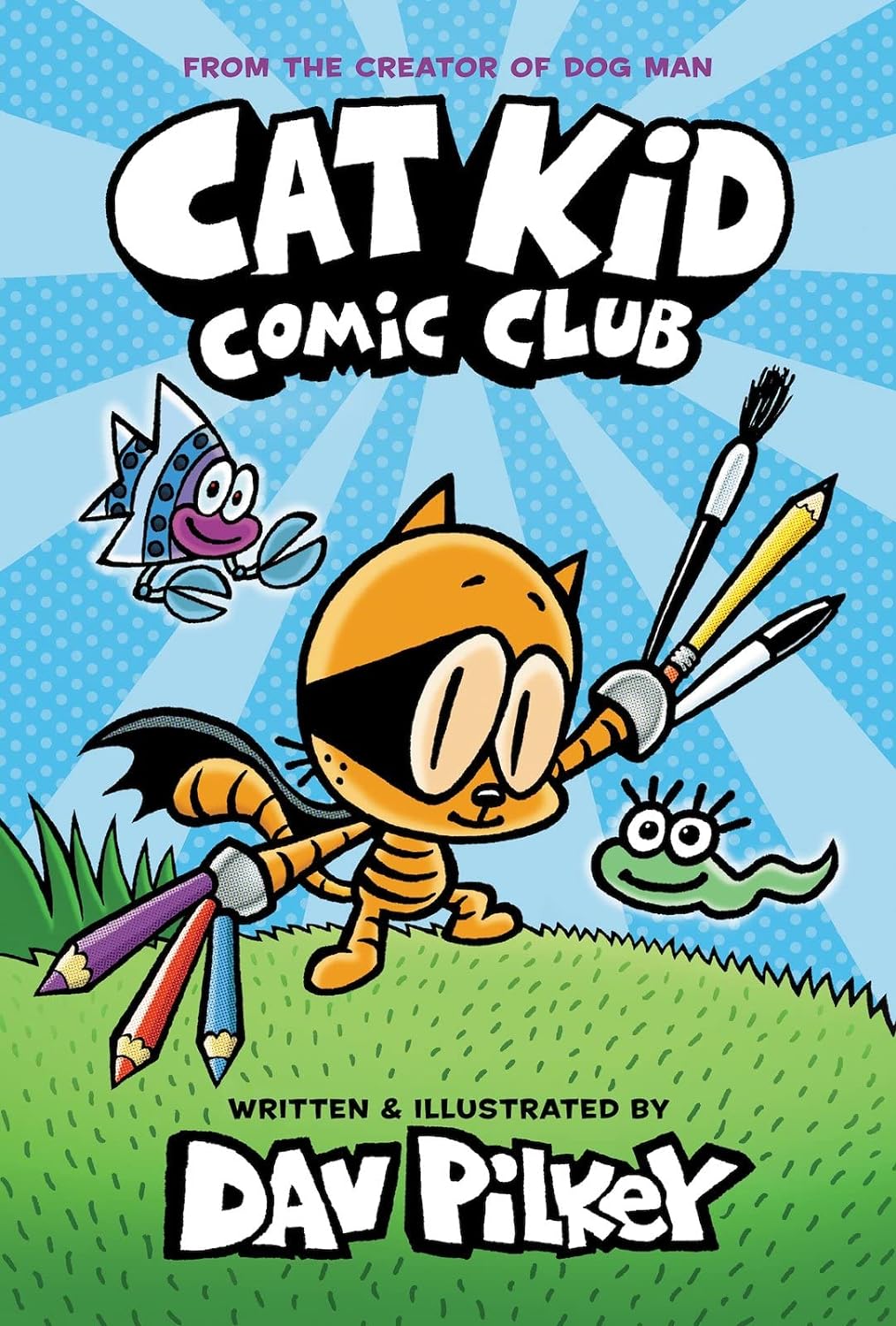 Cover of 'cat kid comic club' graphic novel featuring an illustrated cat character with a paintbrush, accompanied by quirky cartoon friends.