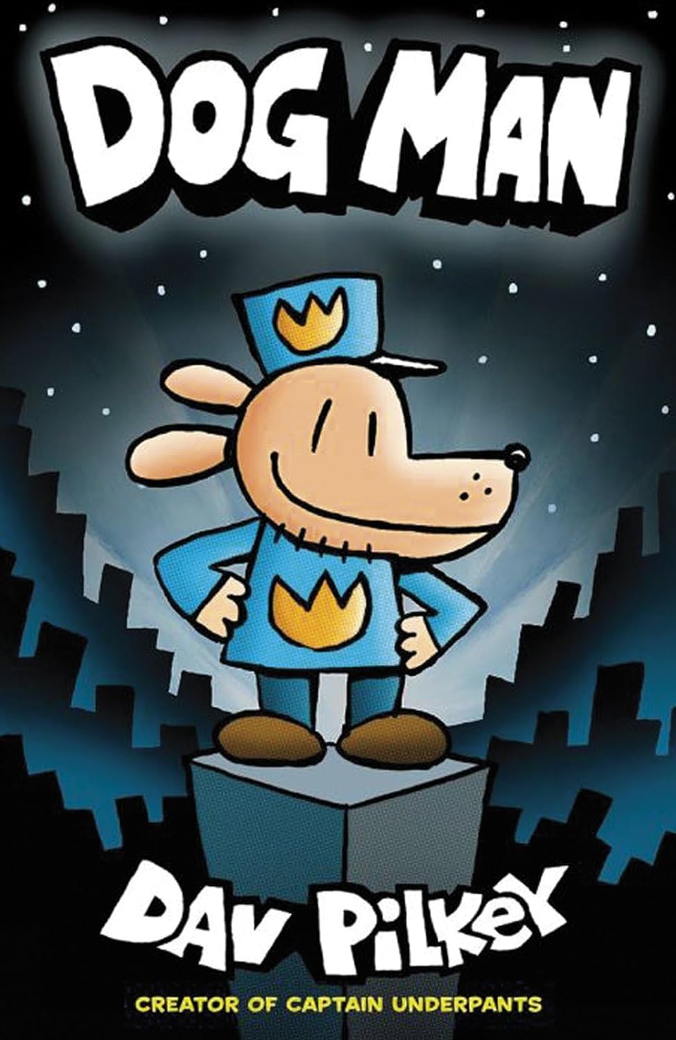 Cover art of the "dog man" graphic novel showing the anthropomorphic canine character in a police outfit, by Dav Pilkey.