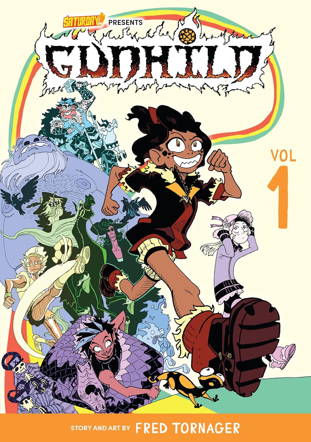 Colorful graphic novel cover art for 'goldilocks' vol 1, featuring a jubilant central character surrounded by fantastical creatures and allies.