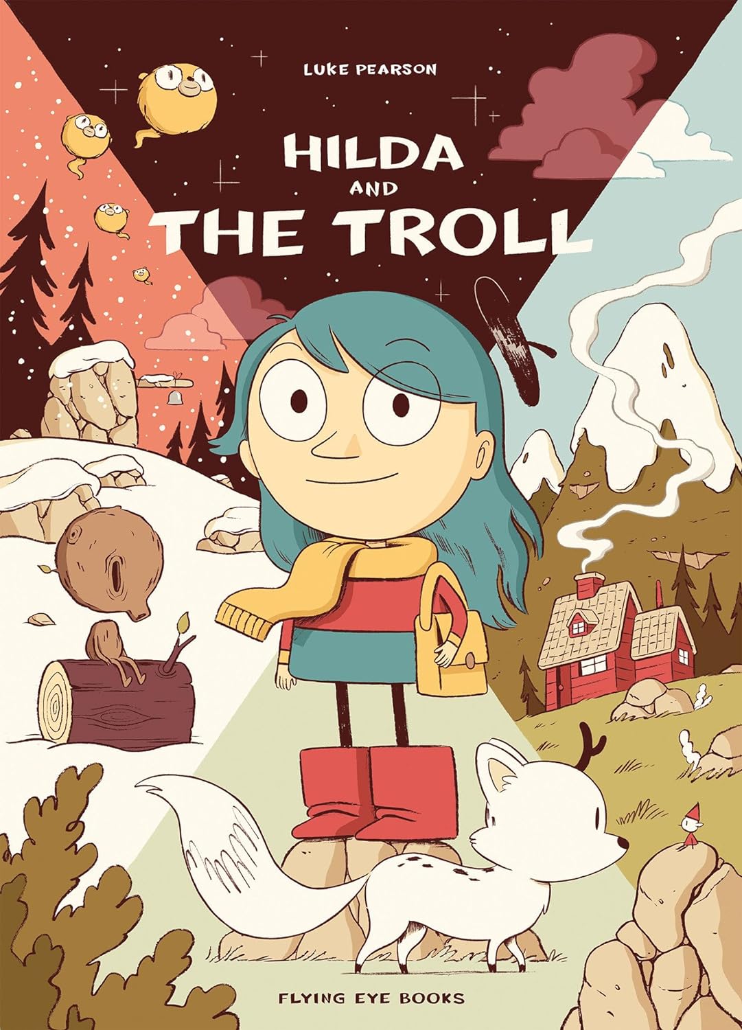 Illustration for the cover of "Hilda and the Troll" by Luke Pearson, featuring the character Hilda with fantastical creatures and a Nordic landscape in a graphic novel style.