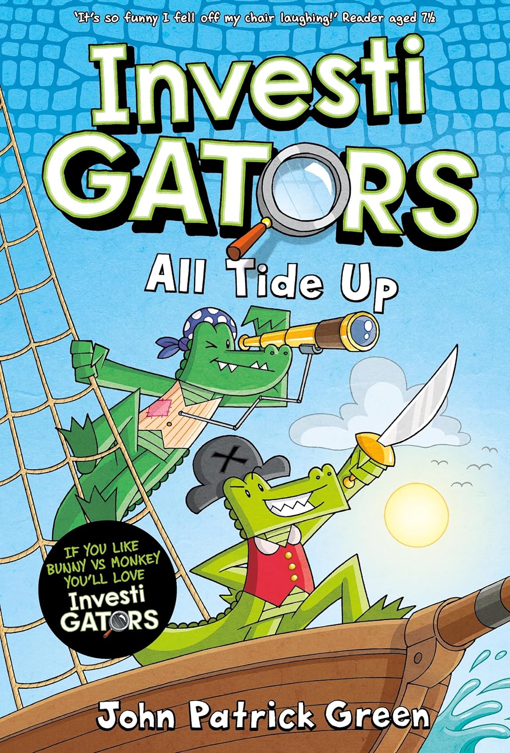 Cover of a KS2 children's book titled "Investigators: All Tide Up" featuring cartoon alligator detectives on a boat with one using a spyglass.