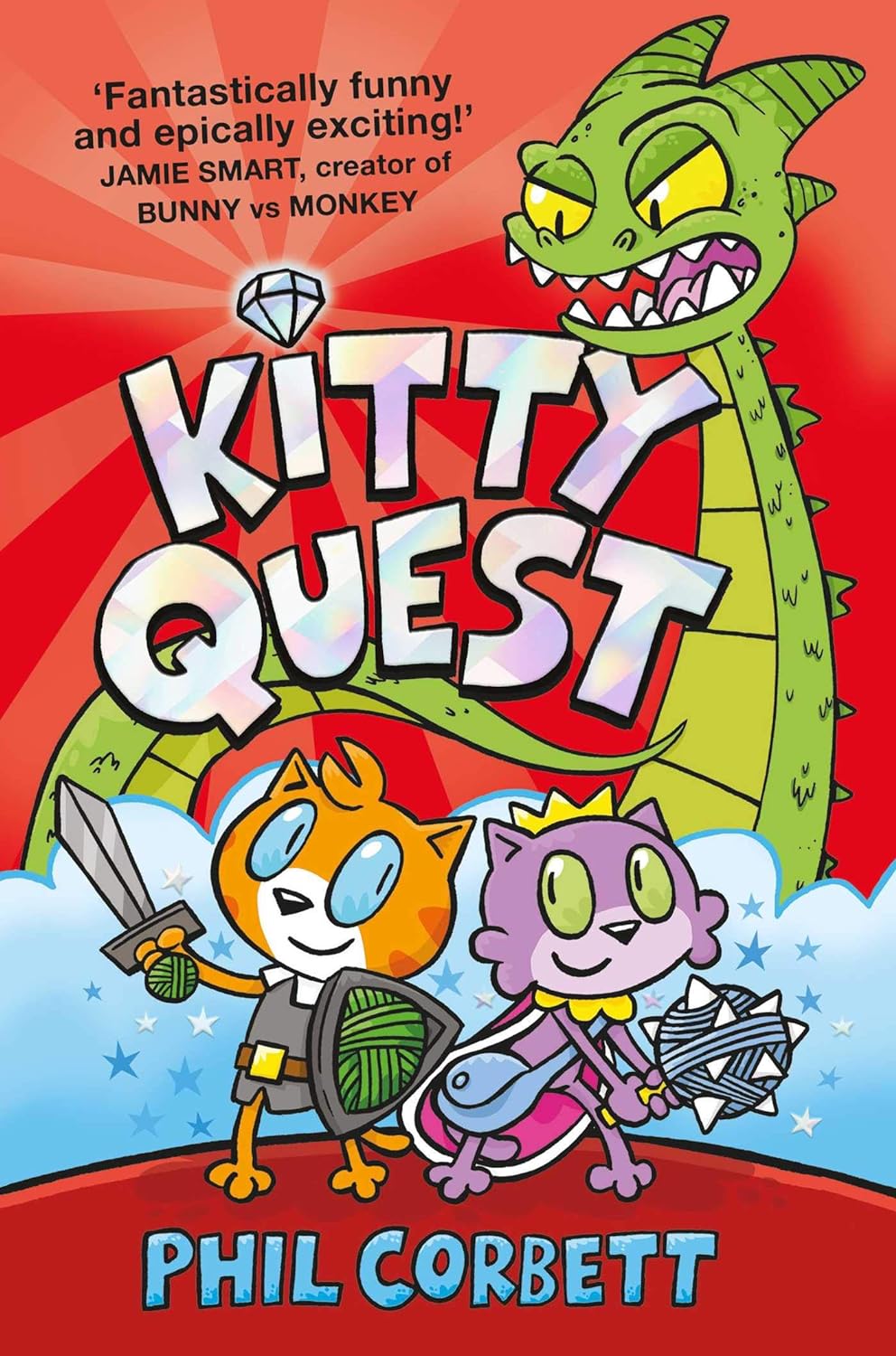 A colorful graphic novel book cover for "kitty quest," featuring two anthropomorphic cat characters armed with swords and a large smiling dragon in the background.
