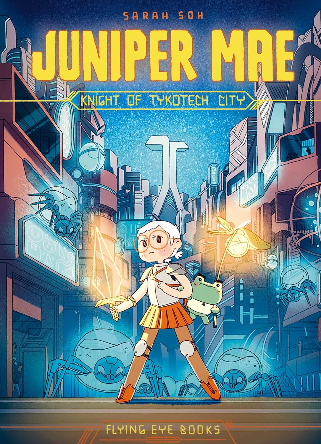 Illustrated graphic novel cover for "juniper mae: knight of tykotech city" featuring a young girl with a sidekick in a futuristic city setting.