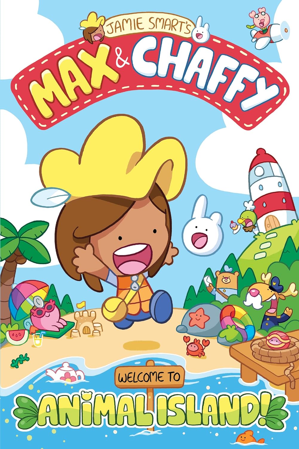 Colorful illustrated cover of 'max & chaffy: welcome to animal island' featuring cartoon characters and a lighthouse, perfect for KS2 graphic novels.