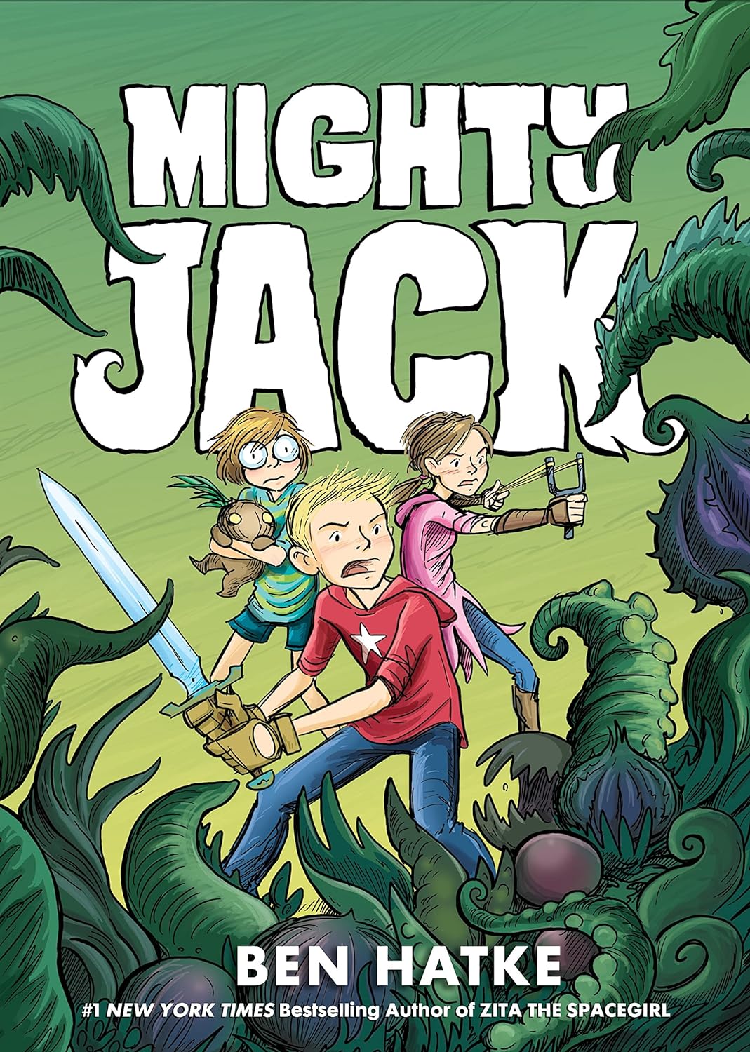 Three children brandishing weapons stand ready for adventure among whimsical, oversized plants on the cover of the KS2 graphic novel "Mighty Jack" by Ben Hatke.