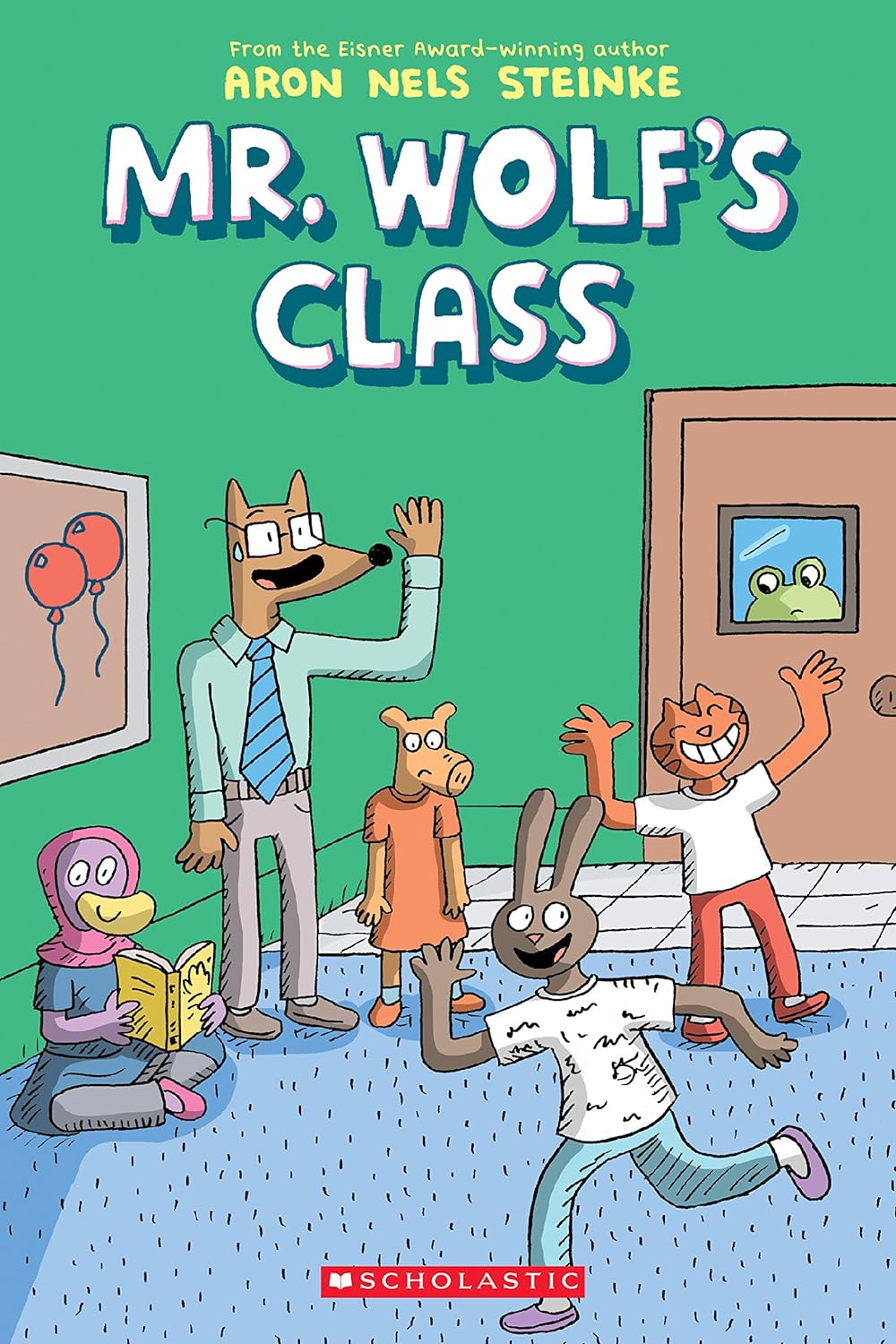 Illustration of anthropomorphic animals in a KS1 classroom setting, featuring a teacher and students engaged in various activities.