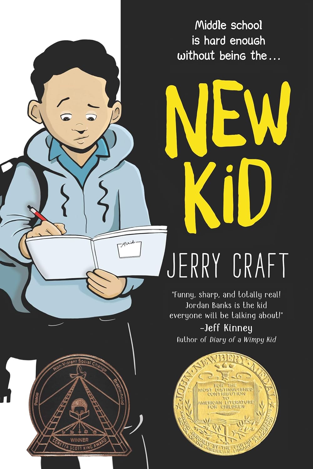 Illustrated book cover for "new kid" by Jerry Craft, featuring a young boy writing in a notebook with awards at the bottom, suitable for KS2 graphic novels.