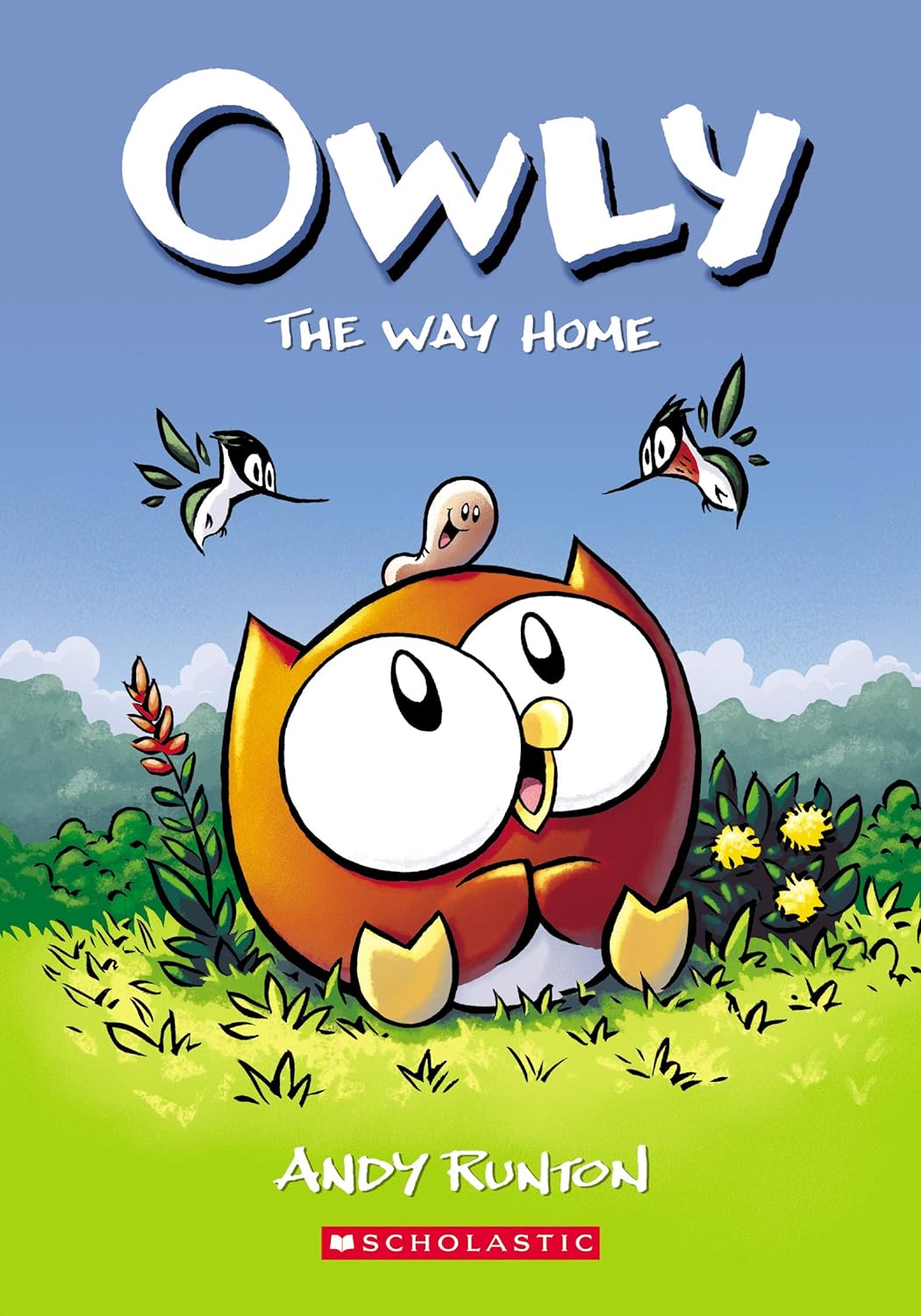 A colorful graphic novel cover illustration for "Owly: The Way Home" by Andy Runton, featuring a cartoon drawing of a red owl and three flying birds against a blue sky background.