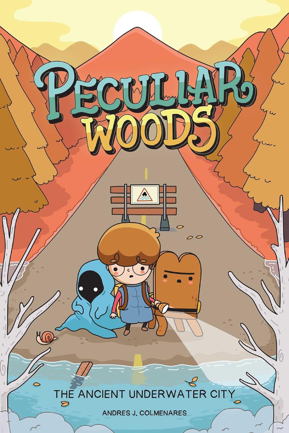 A KS2 child explorer accompanied by whimsical creatures on an adventure in 'peculiar woods: the ancient underwater city'.