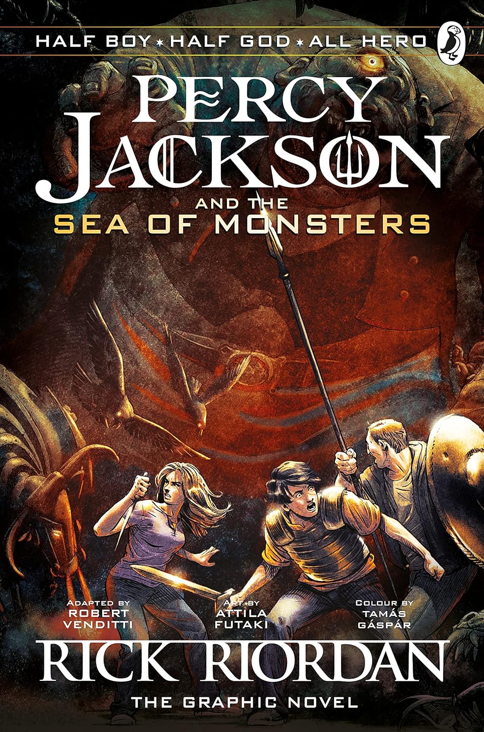 Cover of "Percy Jackson and the Sea of Monsters" graphic novel, suitable for KS2 readers, featuring characters engaged in an action scene.