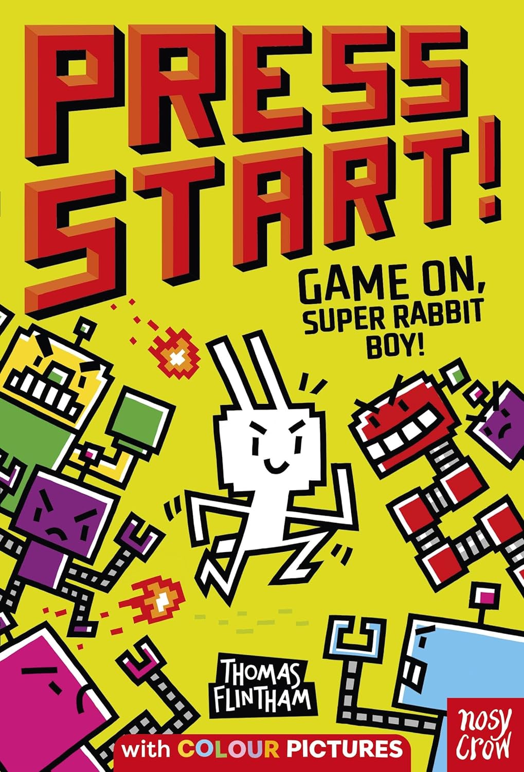 Colorful book cover for "Press Start! Game On, Super Rabbit Boy!" by Thomas Flintham, featuring vibrant videogame-themed illustrations, perfect for KS1 and KS2 graphic novels.