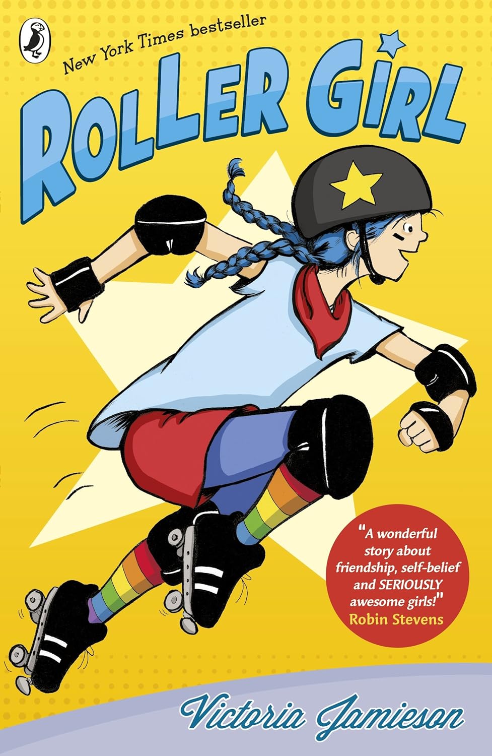 Illustrated graphic novel cover featuring a young girl in roller skates and gear, titled "Roller Girl" by Victoria Jamieson, with a quote praising the story's themes of friendship and self