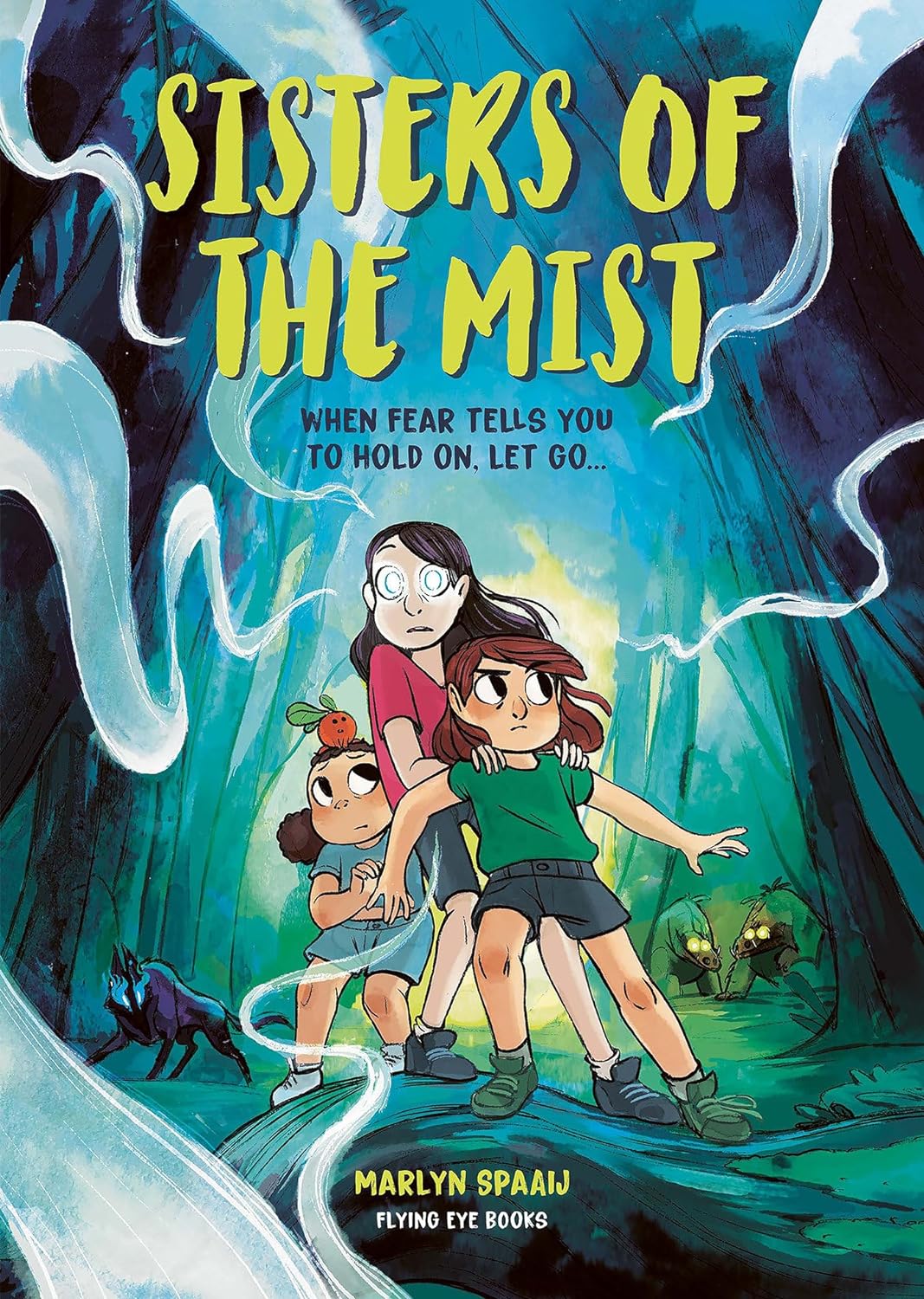 Book cover illustration for "Sisters of the Mist," showing three children exploring a mysterious, misty forest, perfect for readers interested in KS2 graphic novels.