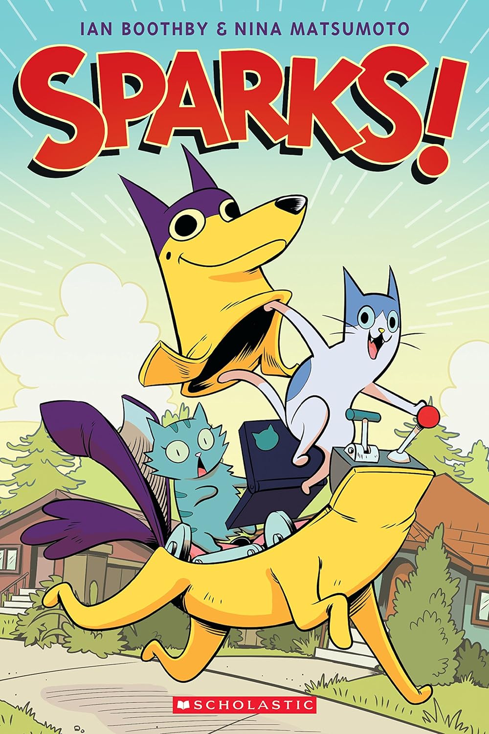 Illustration of a superhero dog and two cats with one riding in the dog's back-mounted costume, featured in a graphic novel-style against a neighborhood backdrop.