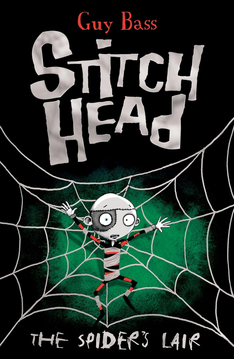 Cover of "Stitch Head: The Spider's Lair" by Guy Bass, featuring an illustrated character from a KS2 graphic novel, entangled in spider webs.