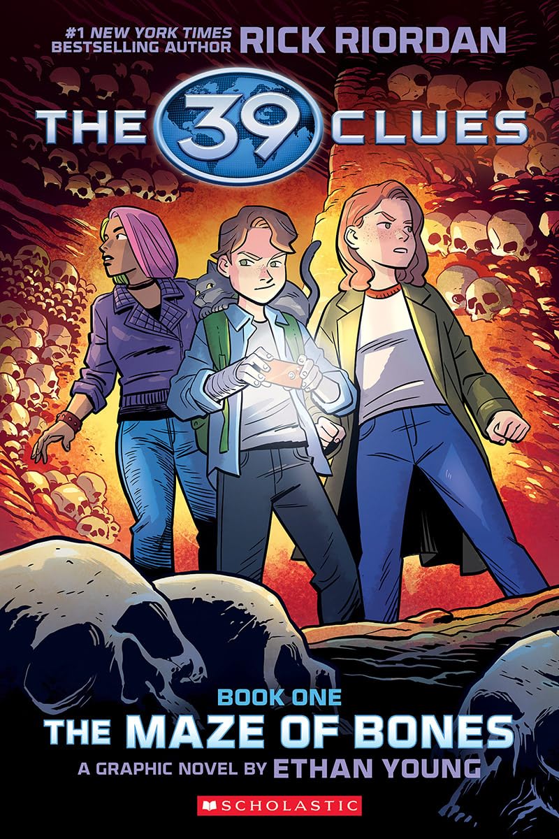 Three animated KS2 characters on an adventure, depicted on the cover of "The 39 Clues: The Maze of Bones," a graphic novel by Ethan Young.