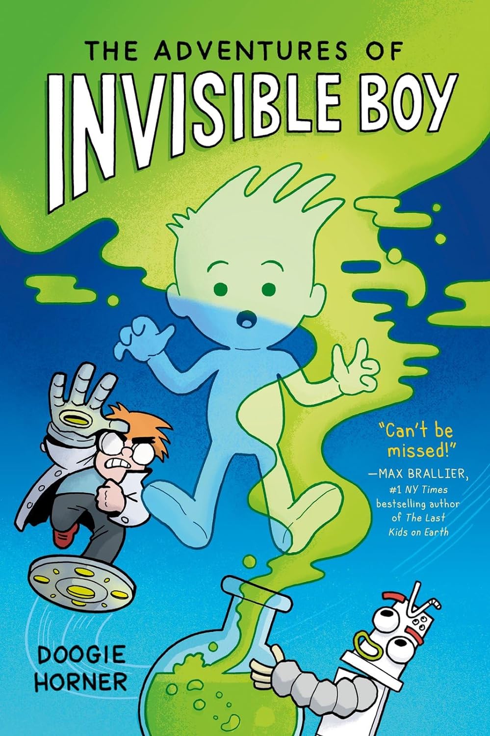 Illustration of a graphic novel cover titled "The Adventures of Invisible Boy" featuring a translucent boy superhero with two characters in quirky costumes.