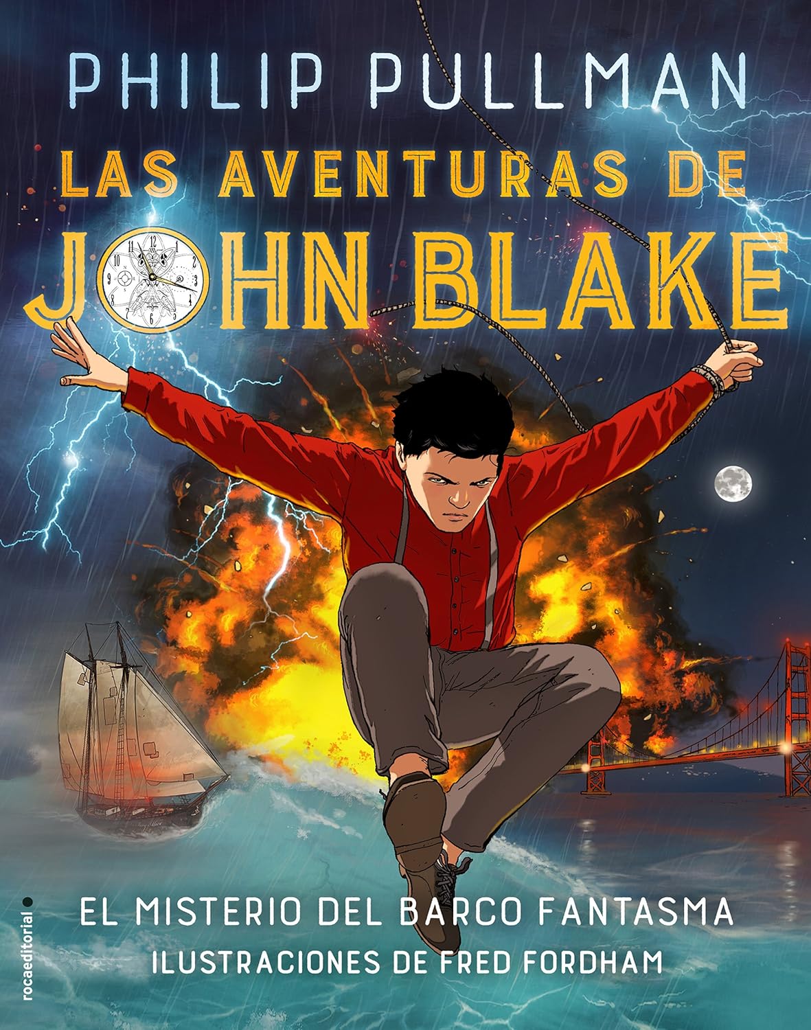 Graphic novel cover for "Las aventuras de John Blake: El misterio del barco fantasma" by Philip Pullman, featuring dramatic illustrations of a young man, a ghostly