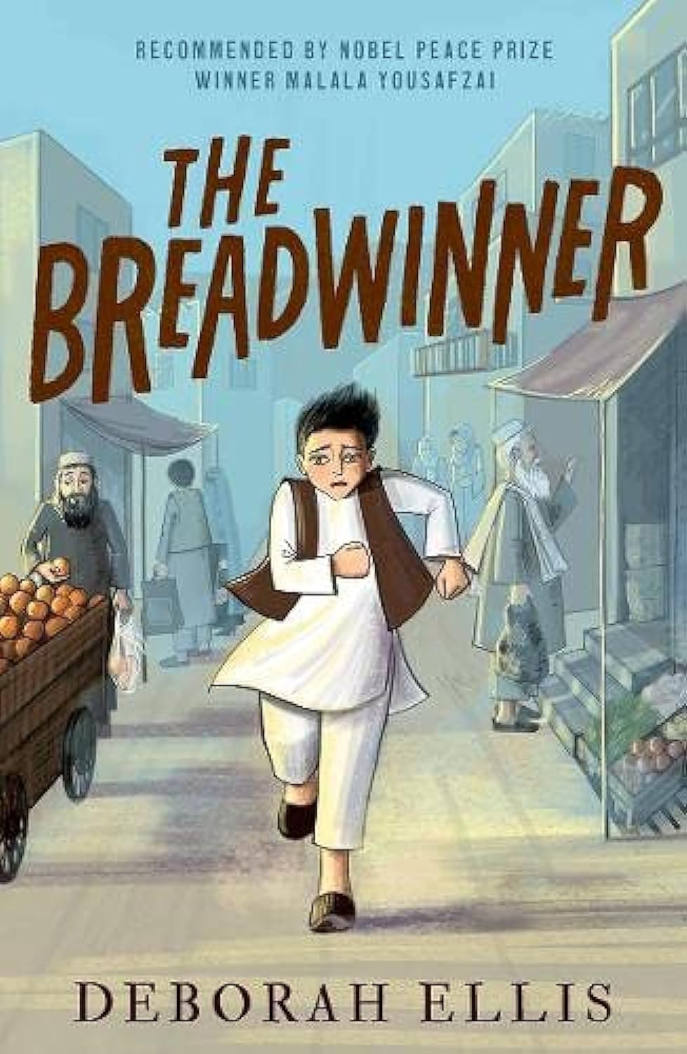 A graphic novel cover illustration depicting a young girl in a traditional white outfit walking through a marketplace with a determined expression, titled "The Breadwinner" by Deborah Ellis.