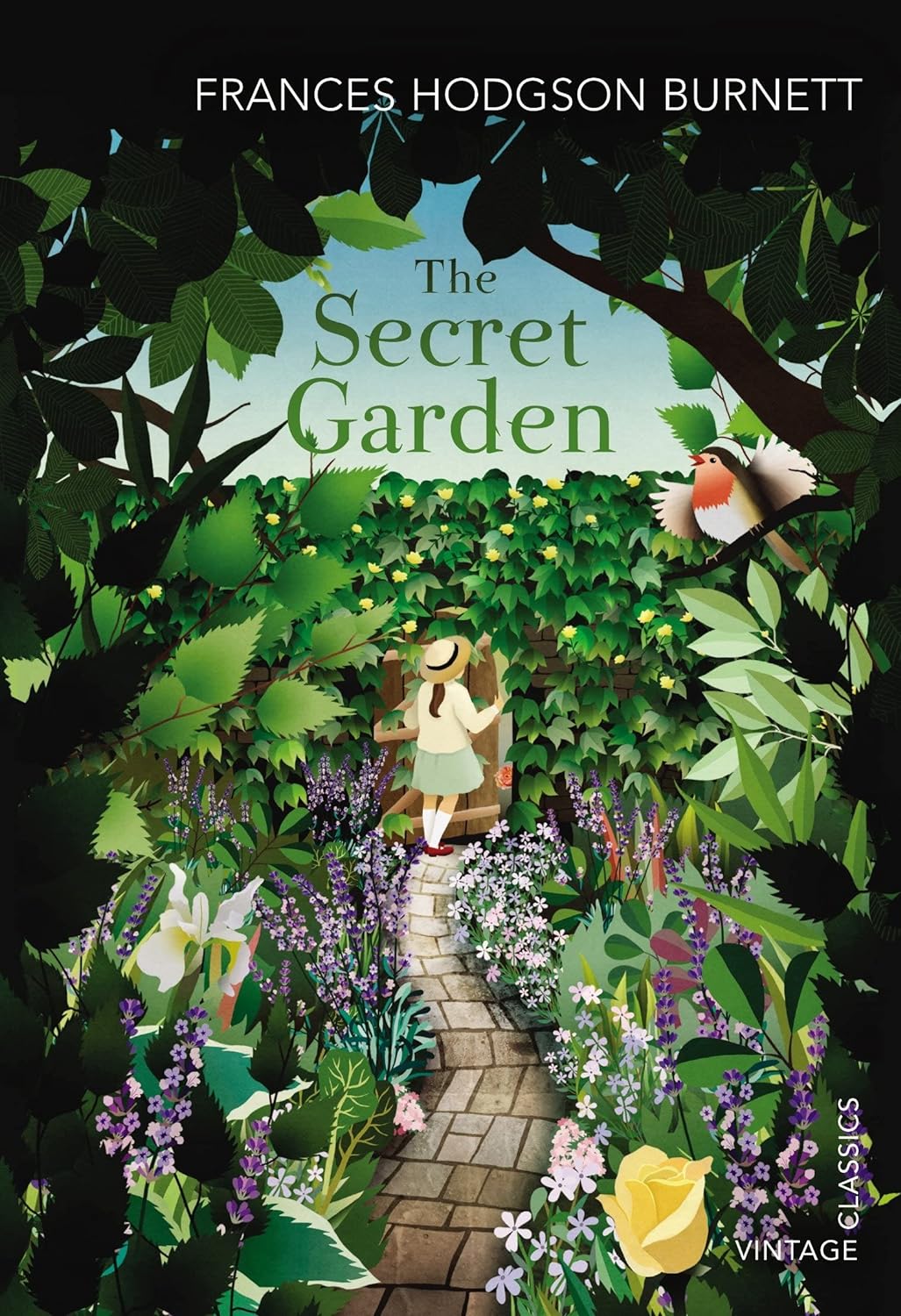 Book cover of "The Secret Garden" by Frances Hodgson Burnett featuring an illustration of a girl in a garden surrounded by lush greenery and flowers, ideal for KS2 readers.