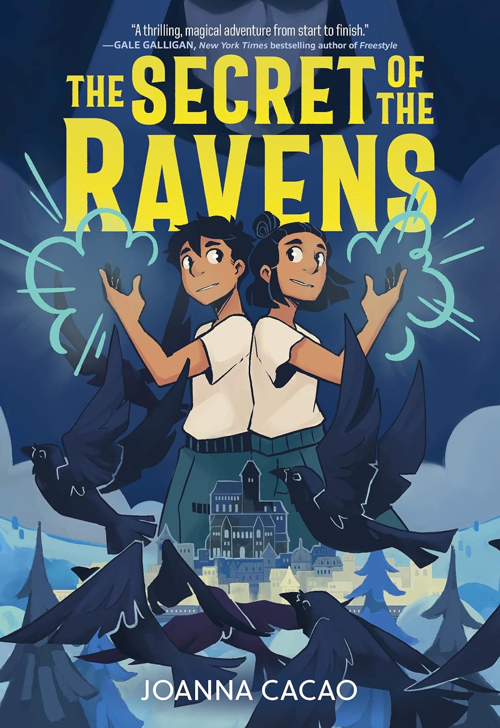 Book cover for 'the secret of the ravens,' a graphic novel, featuring two main characters with a backdrop of ravens and a mysterious building.