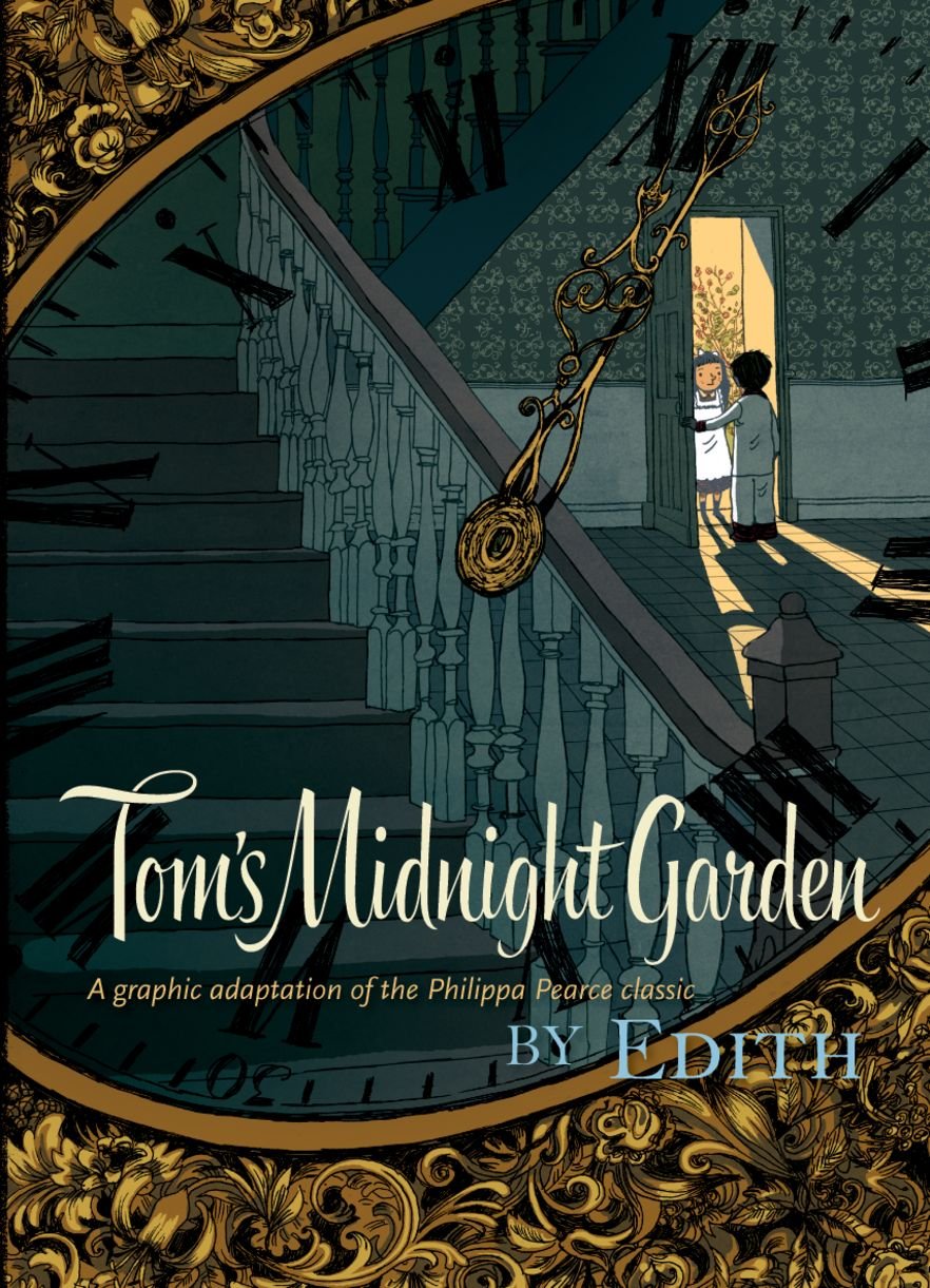 Illustrated book cover for "Tom's Midnight Garden" depicting a boy on a grand staircase and a girl in a doorway with ornate, time-themed designs, suitable for KS2 graphic novels.