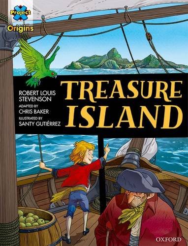 Cover illustration of 'treasure island' graphic novel featuring a young boy on a ship with a parrot and a pirate, evoking adventure and exploration for KS1 and KS2 readers.