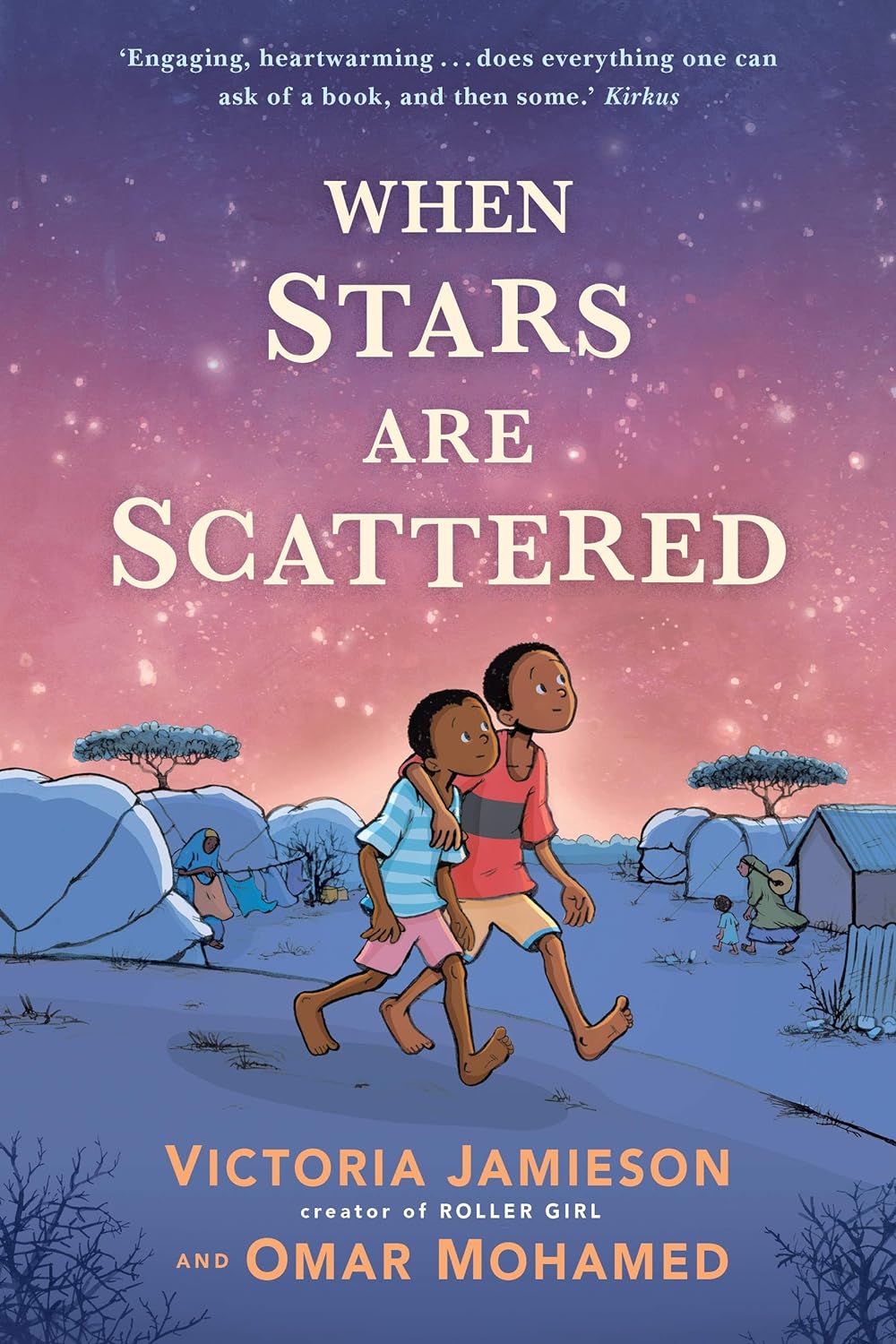Two animated characters walking through a refugee camp depicted on the cover of "When Stars Are Scattered," a graphic novel by Victoria Jamieson and Omar Mohamed, suitable for KS2 readers.