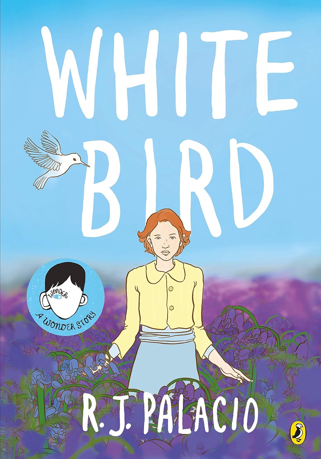 Book cover illustration of "White Bird" by R.J. Palacio, a graphic novel for KS2 readers, featuring a young girl surrounded by purple flowers with a white bird flying overhead.