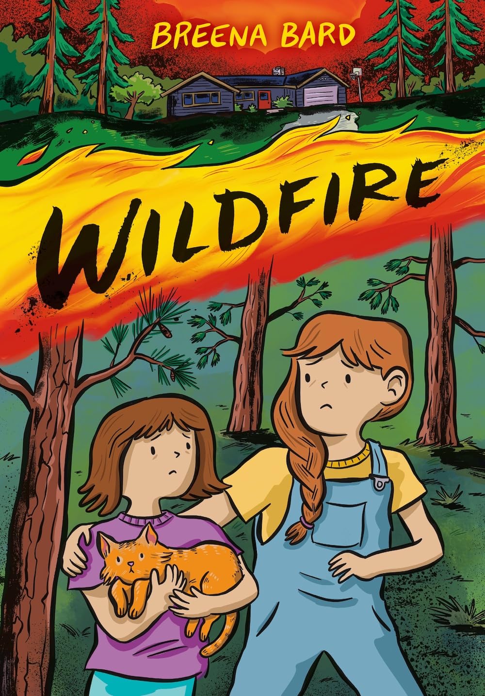 Two individuals with concerned expressions in front of a wildfire, with a cabin and forest depicted in a graphic novel style in the background.