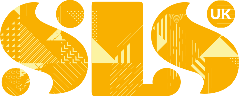 A yellow and black logo with the word sls.