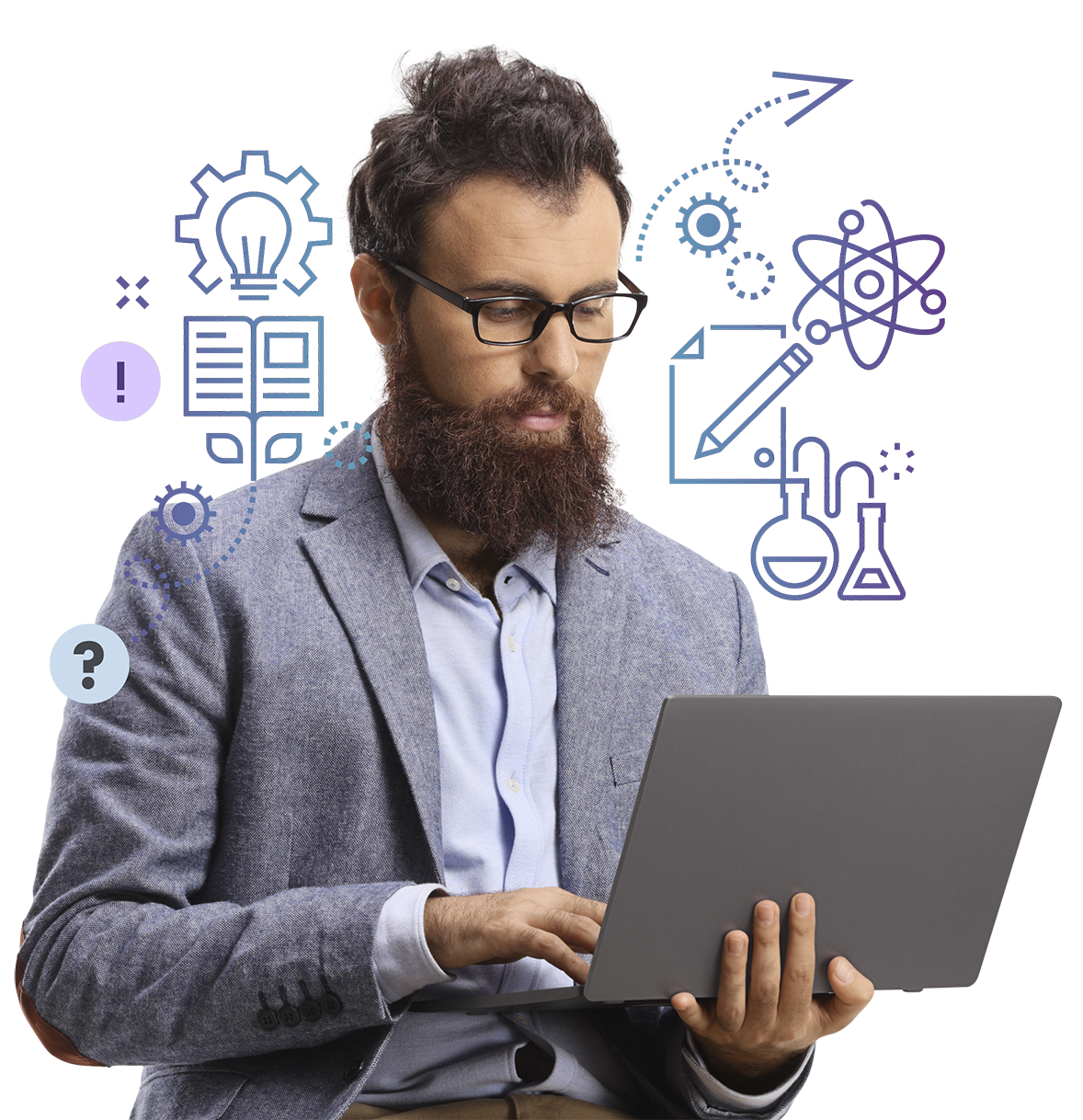 A man with a beard using a laptop.