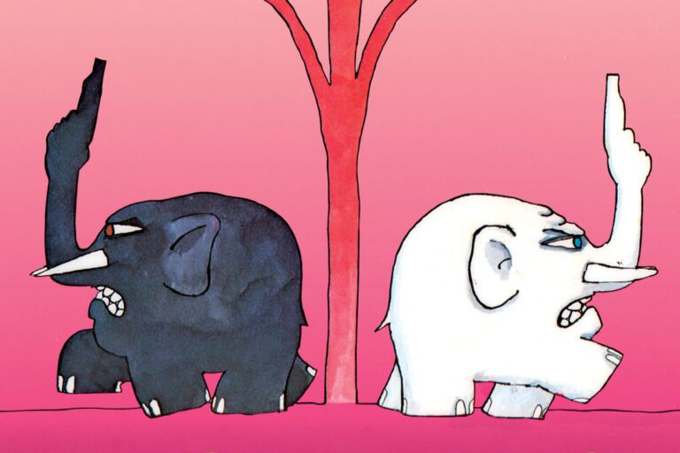 Two elephants standing next to each other in front of a pink background, exemplifying the complex world.