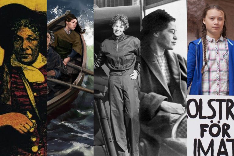 A collage of photos of women and men in a boat, dressed in capes and masks like heroes.