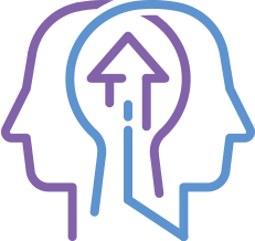 A blue and purple icon of a head with an arrow pointing up.