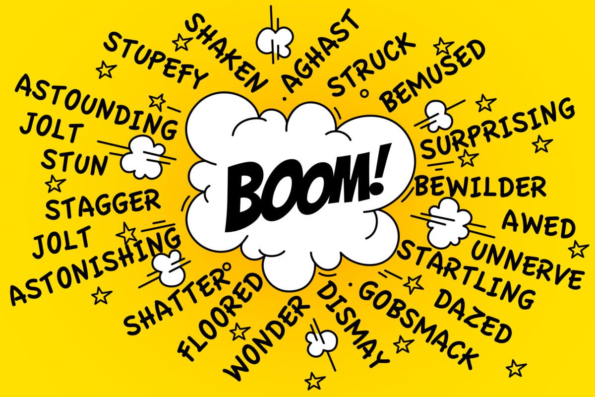 A creative writing piece featuring a word cloud centered around the keyword "boom.