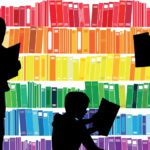 Silhouettes of children reading books in a school library building vector | price 1 credit
