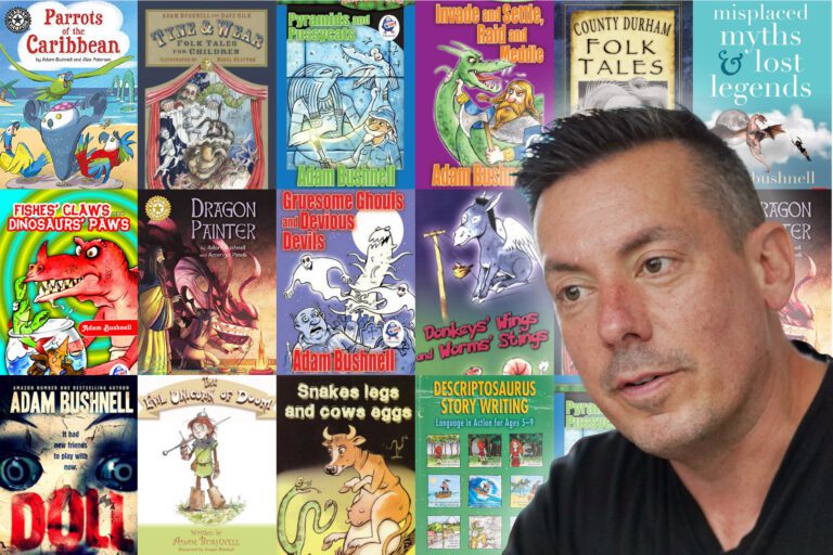 A man named Adam Bushnell stands proudly in front of a group of children's books, his hand gripping a sword with a mischievous smile hinting at the pun-filled adventure that lies within the