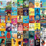 A collage of diverse children's books, featuring works by black authors.
